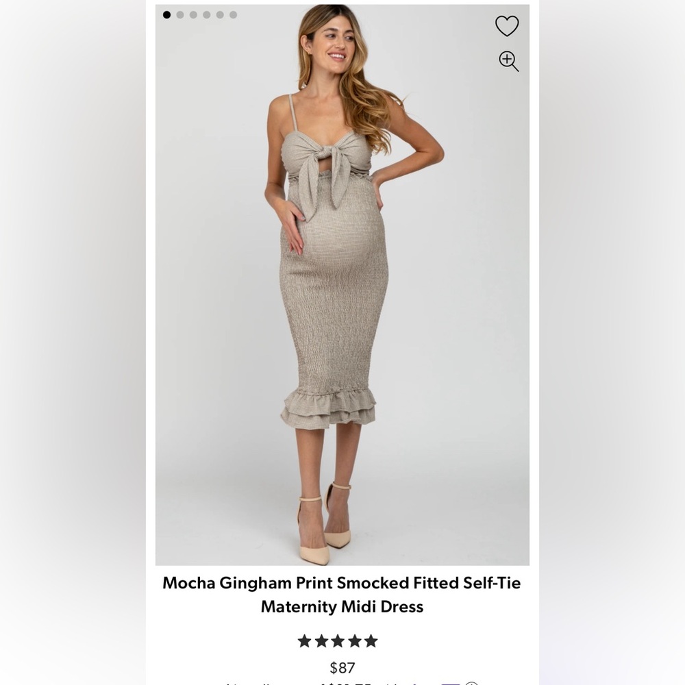Mocha Gingham Print Smocked Fitted Self-Tie Maternity Midi Dress